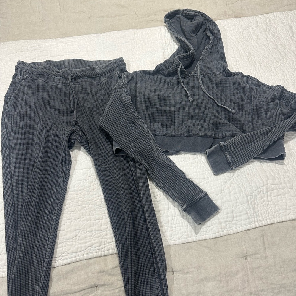 Gray Waffle Knit Hoodie and Joggers Set